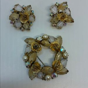 Vintage Gold Tone Faux Pearl Rose Glass Rhinestone and  Weiss Jewelry Set